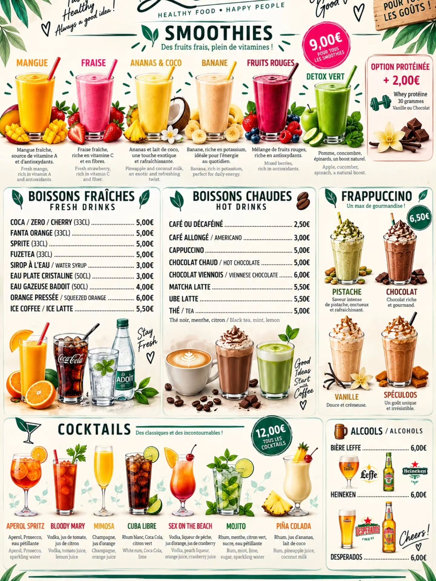 Carte Leona des smoothies, boissons, frappuccinos et cocktails