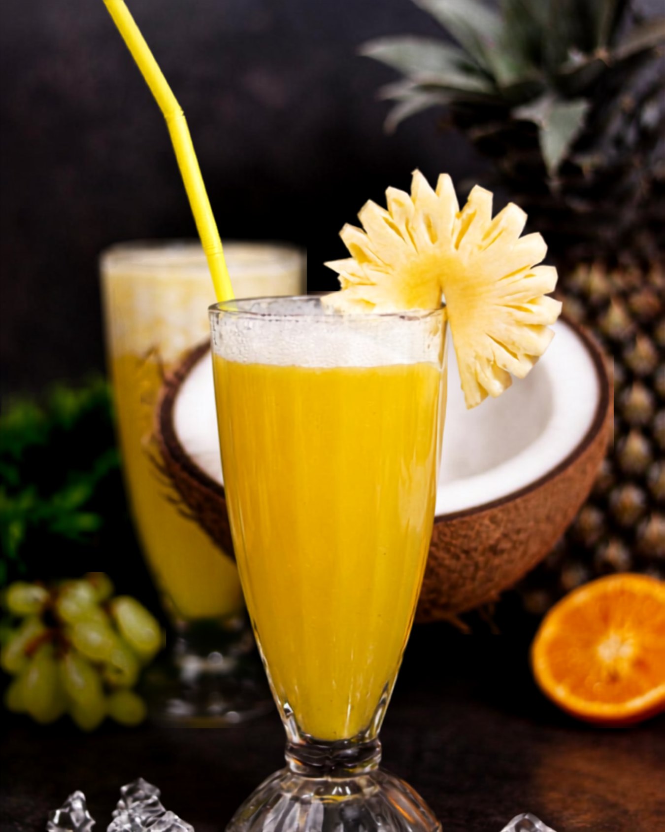 Smoothie ananas coco servi avec une fleur d'ananas et une noix de coco chez Leona Cannes