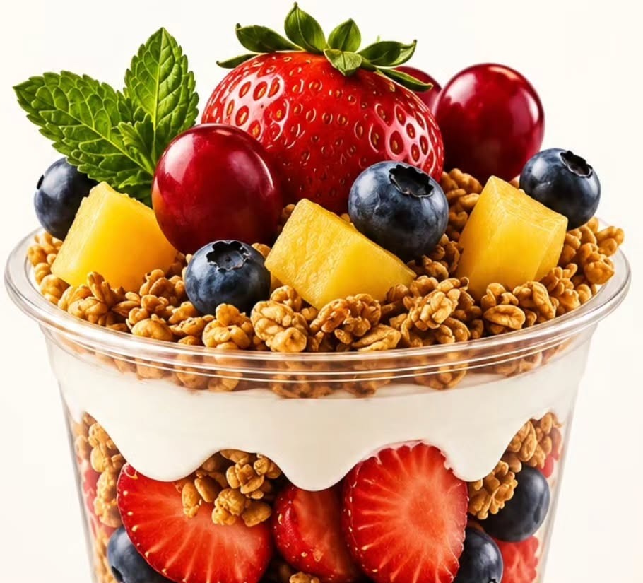 Parfait ultra gourmand au yaourt, granola, fraises et myrtilles chez Leona Cannes