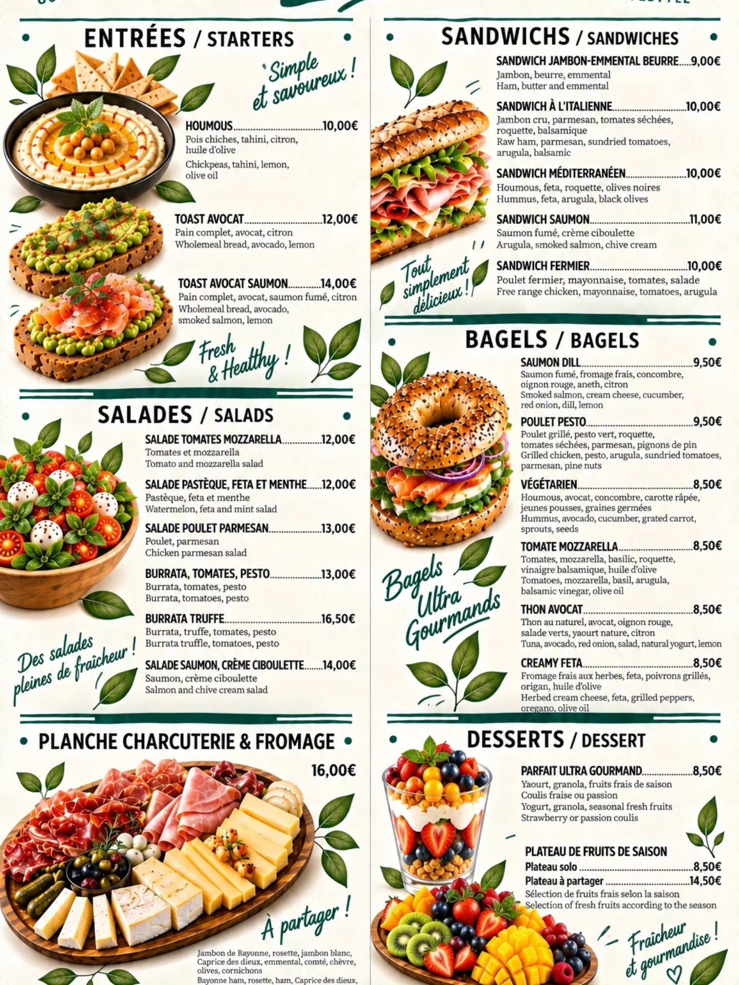 Carte Leona des entrées, salades, sandwichs, bagels et desserts